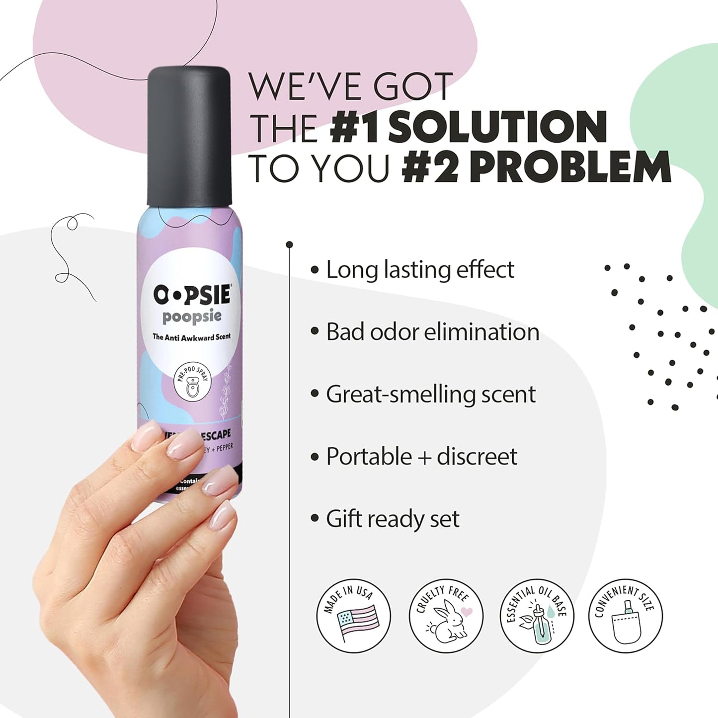 Oopsie Poopsie Pre GO toilet spray, discreet & portable original Pre-poo spray to use on the go. Assorted scents Lavender Scape/Summer Sea Toilet Odor Eliminator 2oz bottle Gift Set 2 pack