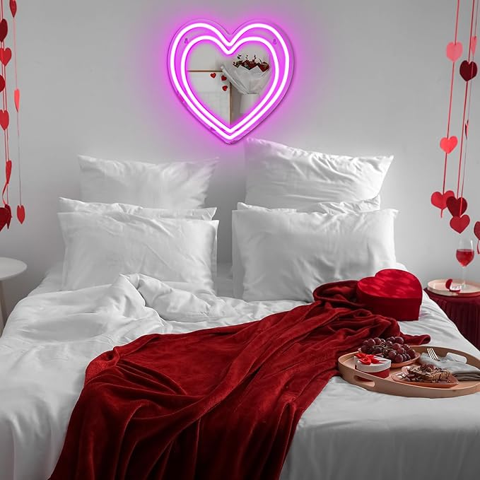 Heart Mirror Neon Sign Powered LED Light Pink 12" x 12" Decorative Wall Mirror Love Acrylic Mirrors Wall Art Decor Girl's Make-up for Christmas Party Gift Dorm Beauty Salon Room Decor