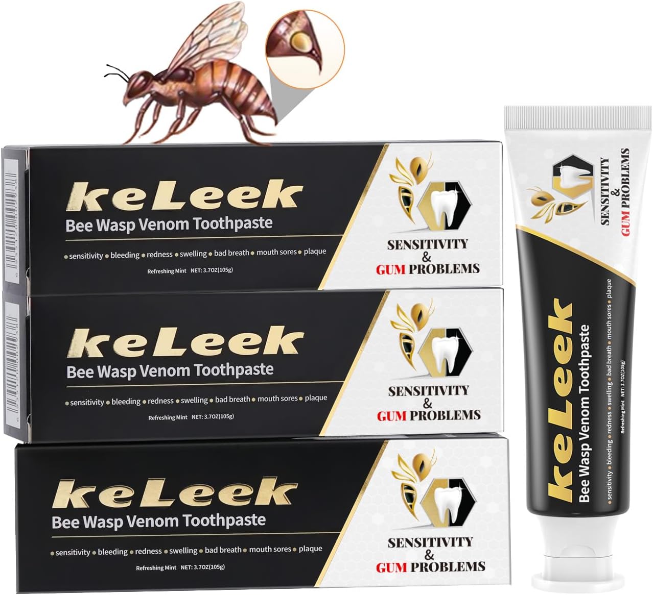 3PCS Bee Wasp Venom Toothpaste for Bleeding Gums,Gingivitis Treatment Repair,Sensitive Teeth,Mouth Sores,Plaque -150 MIN Breath Fresheners - 3.7 OZ(3 Pack)