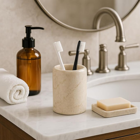 Creative Home Natural Champagne Marble Tumbler Solid Stone Toothbrush Holder Cup Bathroom Vanity Makeup Brush Pen Organizer Handcrafted Heavyweight, 3.5 Diam. x 4.5 H Inch
