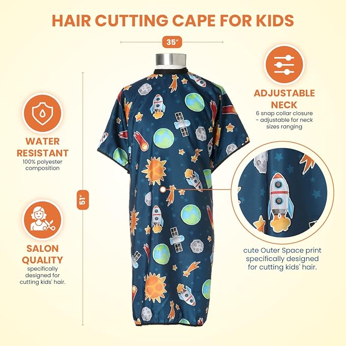 Kids Hair Cutting Cape - Outer Space Print, Water-Resistant Salon Cape with Snap Closure - Lightweight Barber Cape for Children’s Haircuts - Fun Kids Hairdresser Cape for Salon or Home Use
