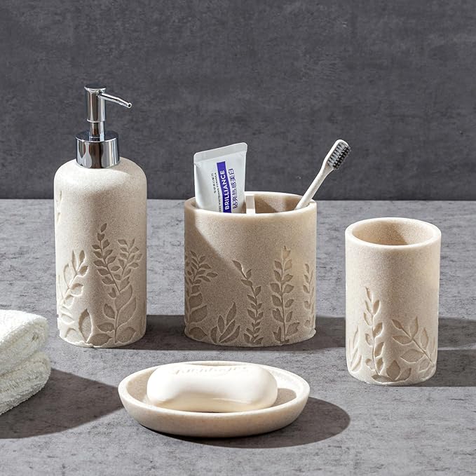 Bathroom Accessories Set, 4 PCS Bathroom Accessory Sets with Soap Dispenser 13 OZ, Toothbrush Holder, Tumbler, Soap Dish, Bathroom Countertop Organizer, Sea Bathroom Decor (Leaf Beach)