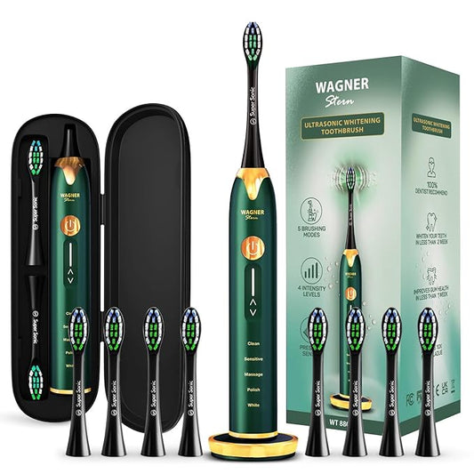 Wagner Stern Ultrasonic whitening Toothbrush with Pressure Sensor. 5 Brushing Modes and 4 Levels of Intensity, 8 Soft bristles, Travel case.