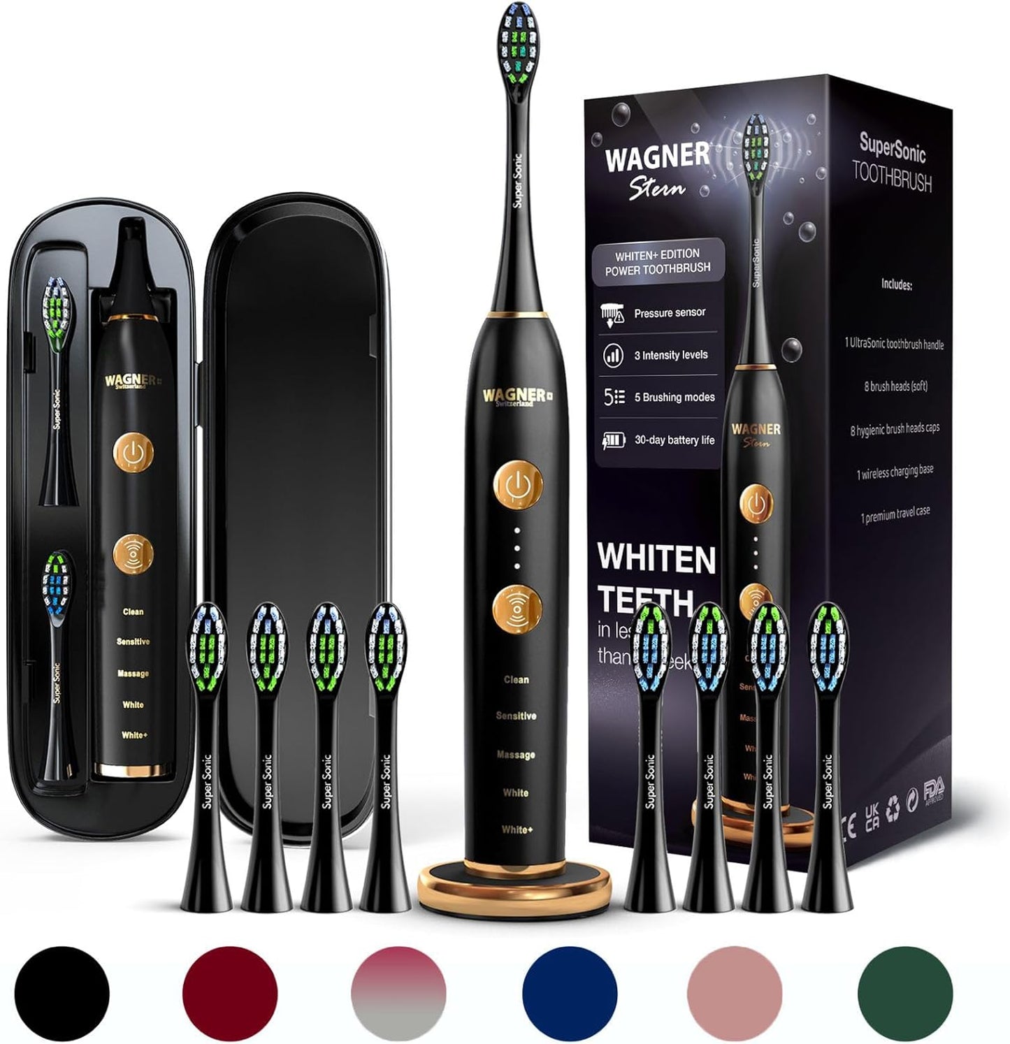 Wagner Stern WHITEN+ Edition. Whitening Electric Toothbrush with Pressure Sensor. Offers 5 Brushing Modes, 3 intensities, 8 Soft Brush Heads, and a Luxury Travel case.