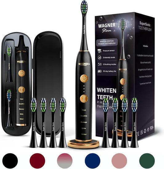Wagner Stern WHITEN+ Edition. Whitening Electric Toothbrush with Pressure Sensor. Offers 5 Brushing Modes, 3 intensities, 8 Soft Brush Heads, and a Luxury Travel case.