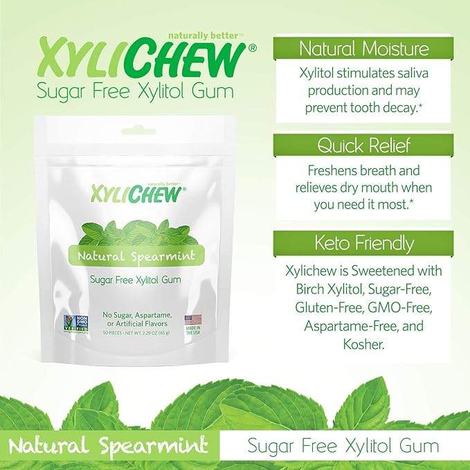 Xylichew 100% Xylitol Chewing Gum - Non GMO, Non Aspartame, Gluten Free, and Sugar Free Gum - Natural Oral Care, Relieves Bad Breath and Dry Mouth - Spearmint, 50 Count