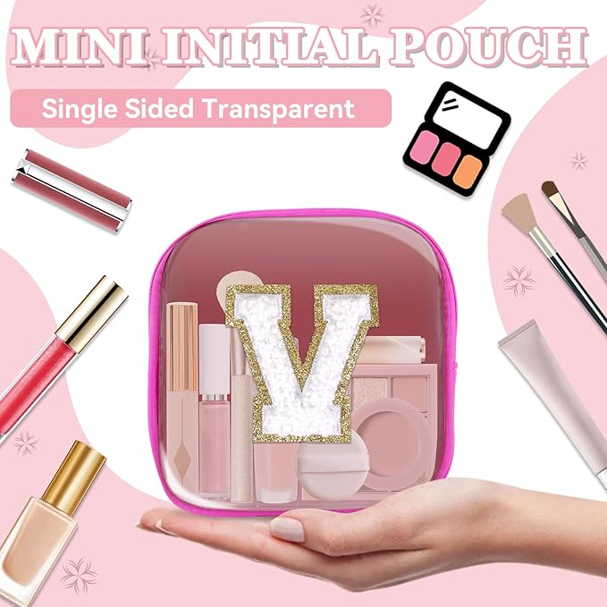 Mini Clear Personalized Initial Makeup Bag,Small Nylon Waterproof Zip Beach Cosmetic Pouch,Preppy A-Z Chenille Letter Patch Cute Coin Purse Travel Toiletry Bag Car Pack Bag for Women(Hot Pink-White V)