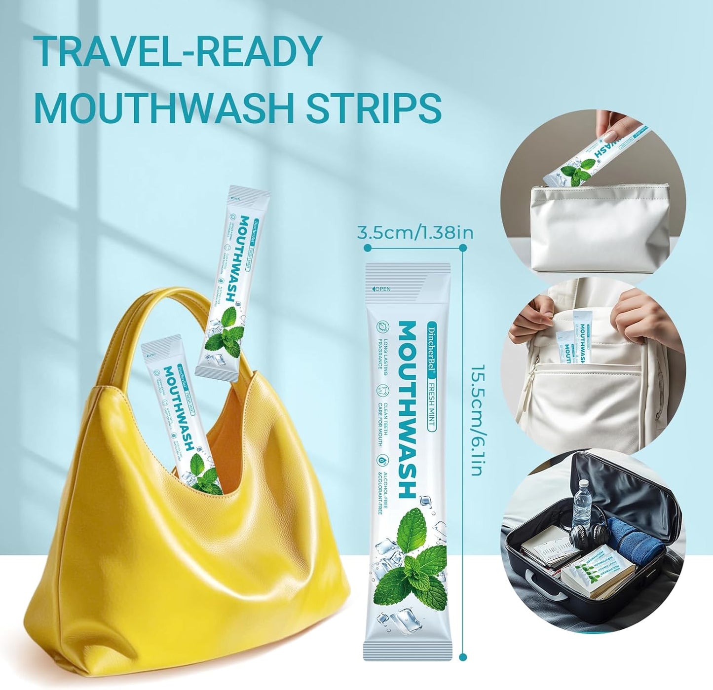 Travel-Size Alcohol & Fluoride Free Mint Mouthwash Packets, 60 Individually Wrapped Portable Packs for Adults, Fresh Breath Mint Flavored Mouthwash for Oral Hygiene, 0.63 Fl Oz Each