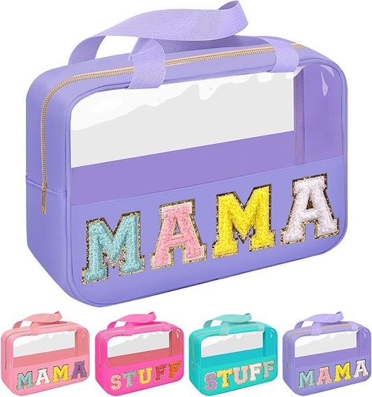 Chenille Letter Patch Mama Bag, Preppy Clear Makeup Cosmetic Bag Large Toiletry Storage Tote Bag with Handle, Transparent Nylon Waterproof Organizer Zipper Pouch for Travel Women Girls(Purple)