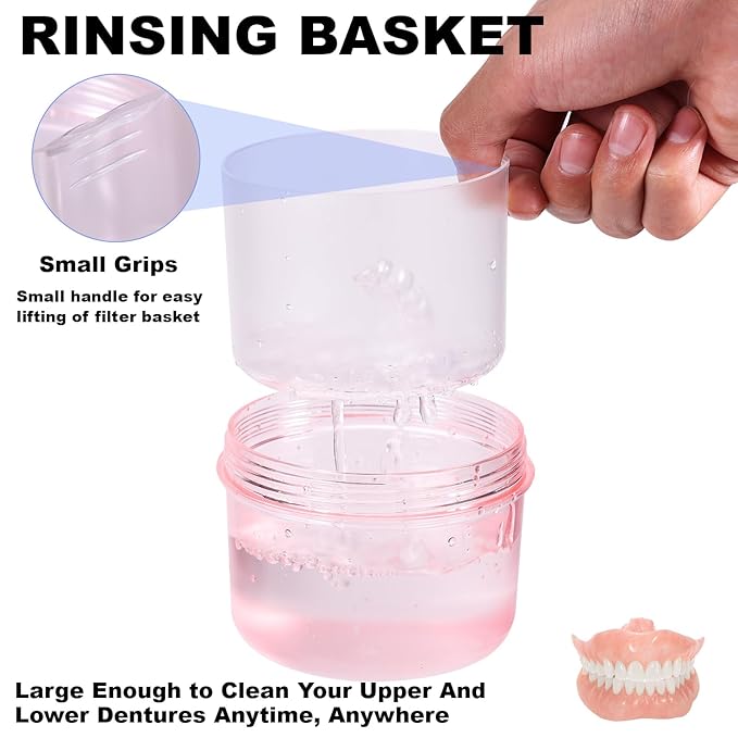 Denture Case, Leak Proof Denture Bath Cup for Travel, Denture Container Cups for Soaking Full & Partial Dentures, Retainers, Denture Cleaning Kit Holder Box with Denture Cleaner Brush-Transparent Pink