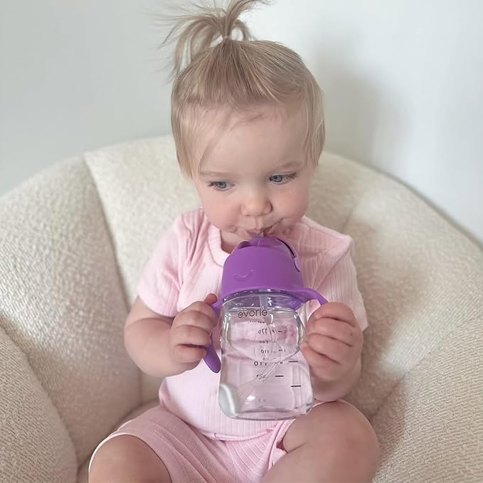 Evorie Tritan Weighted Straw Sippy Cup with Handles for Baby and Toddlers, Spill Proof Baby Water Bottle with Straw for 6 months and up, 7 Oz, Infant Training Water Bottle (Wathet)