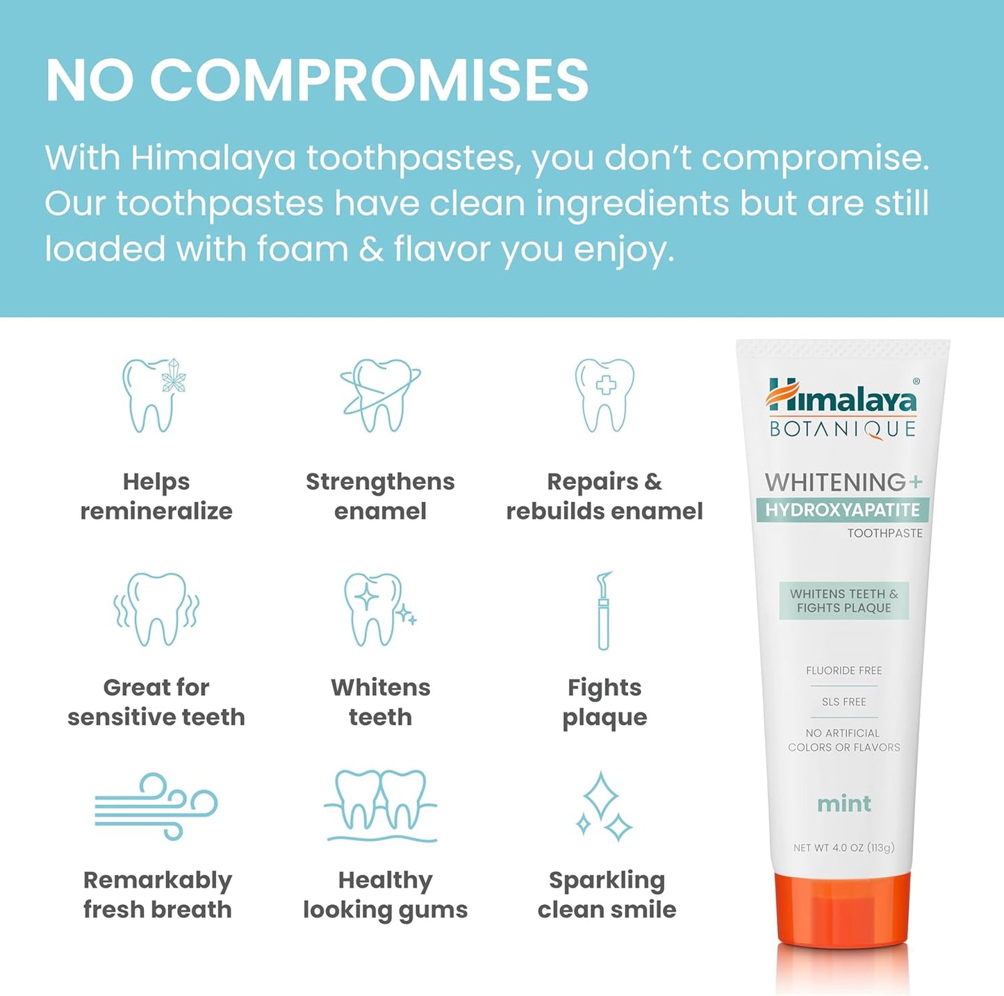 Himalaya Botanique Whitening + Hydroxyapatite Toothpaste, Mint Flavor - Nano Hydroxyapatite to Support Remineralization and Restore Enamel, Appropriate for Sensitive Teeth - Vegan, Gluten Free, 4 oz