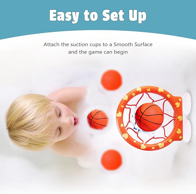 Bath Toys – Bathtub Basketball Hoop for Toddlers and Kids, Mold-Free Shower Toy with 4 No-Hole Balls, Fun Bathtub Toys for Boys and Girls