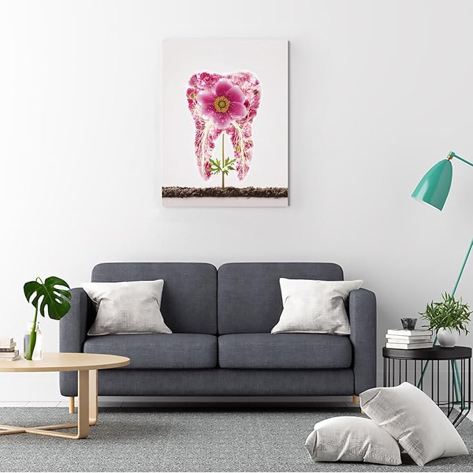 SchindlerBang Watercolor Tooth Floral Art,Blossom Dental Illustration,Spa Office Decor,Relaxing Clinic Atmosphere,16x24inch Framed Canvas Ready to Hang