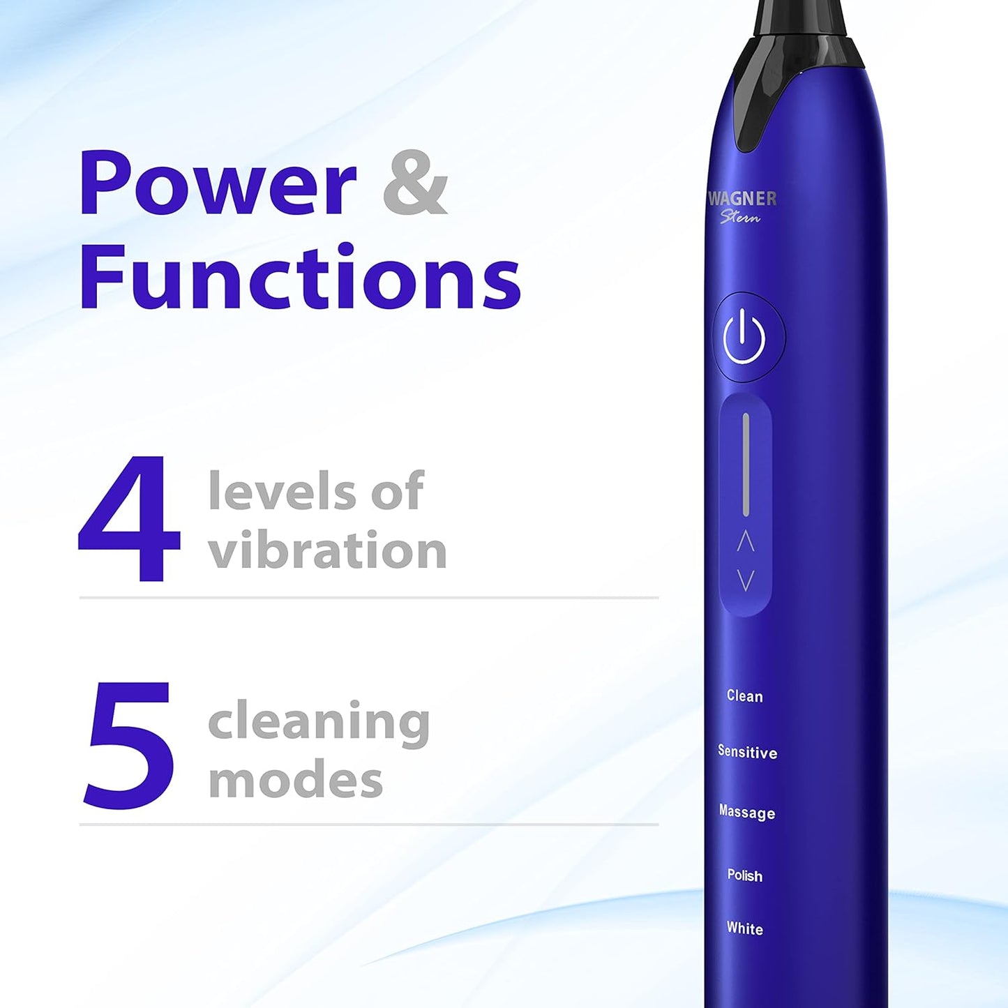 Wagner Stern Ultrasonic whitening Toothbrush with Pressure Sensor. 5 Brushing Modes and 4 Levels of Intensity, 8 Soft bristles, Travel case.