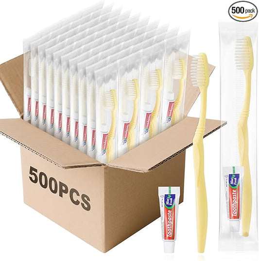 Disposable Toothbrush with Toothpaste Set, Individually Wrapped Soft Bristles Travel Size Manual Toothbrushes Kit in Bulk for Hotel/Travel/ Business/Donation/Homeless/Charity/Camping (500 Pack)