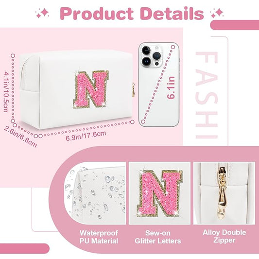 Small Personalized Initial A-Z Patch Makeup Bag,White Cute PU Leather Glitter Letter Cosmetic Bag for Teen Girls,Travel Toiletry Bag with Zipper,Preppy Monogrammed Birthday Gift for Daughter Niece N