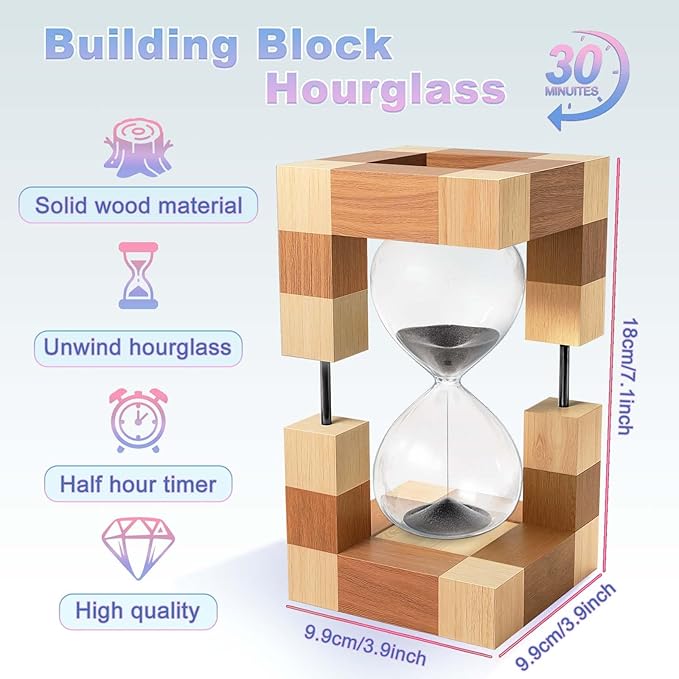 Sand Timer 30 Minute, Large Wooden Hourglass, 30 Min Wood Sand Clock Hour Glass, Reloj De Arena, Decorative Sandglass, Home, Classrom, Office, Cooking, Black Sand