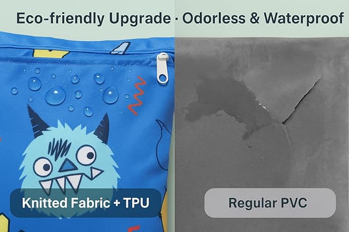 Waterproof Wet Dry Bag, Reusable Diaper Pouch with Zipper, Machine Washable Travel Organizer for Beach, Daycare, Kids, Dinosaur Pattern (Blue Monster)