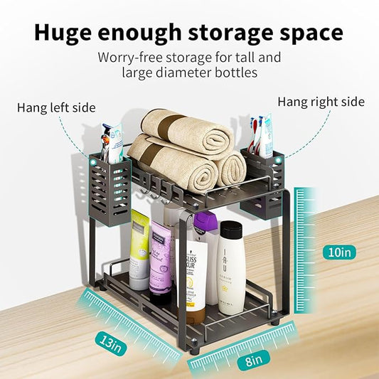 junyuan Large Bathroom Organizer Countertop,2 Tiered Organizer Shelves with Toothbrush Holders,Bathroom Counter Storage Rack with Basket and Hooks Metal Black
