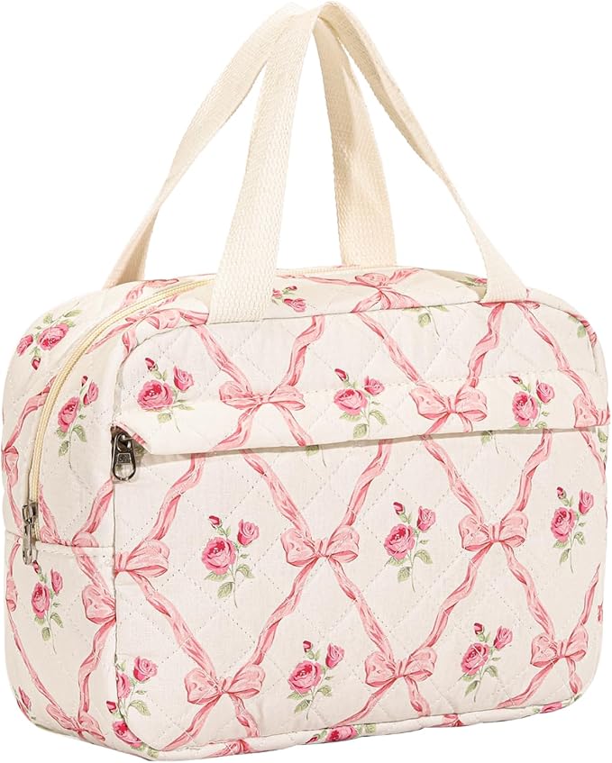 Large Size Quilted Coquette Makeup Bag, Cute Preppy Floral Cotton Travel Cosmetic Organizer Bag with Top Handle, Multi-Layer Travel Toiletry Pouch for Girls (03Pink Bow)