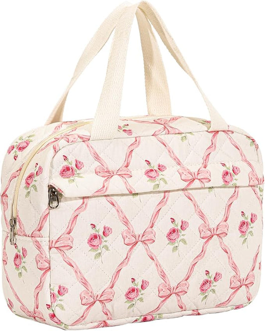 Large Size Quilted Coquette Makeup Bag, Cute Preppy Floral Cotton Travel Cosmetic Organizer Bag with Top Handle, Multi-Layer Travel Toiletry Pouch for Girls (03Pink Bow)