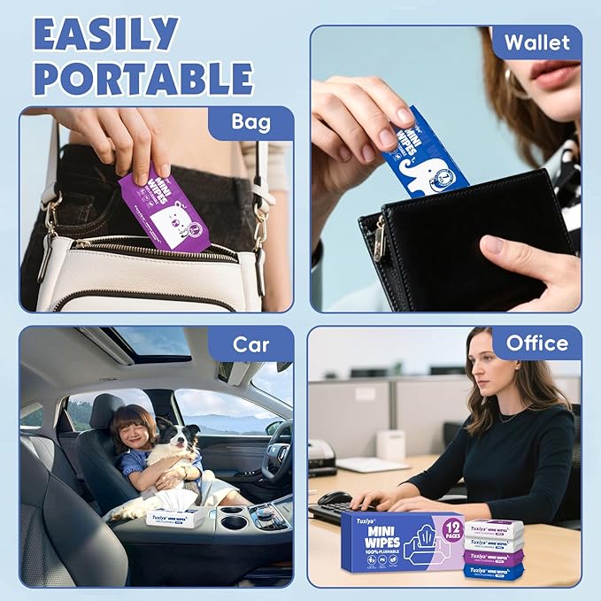 12 PackTravel Flushable Wipes with Aloe & Vitamin E,Impossibly Compact 7 Wipe Per Pack Mini Travel Adult Wet Wipe,Hypoallergenic & Fragrance-Free Skin-Friendly Flushable Wet Wipe(84 Total Wipes)