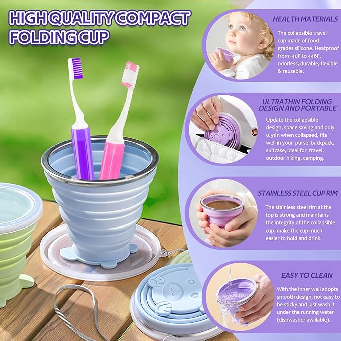 Toothbrush Travel Case, Travel Toothbrush Silicone Collapsible Toothbrush Cup, Travel Toothbrush Set Suitable for Business Camping Travel or Daily Use (Purple)