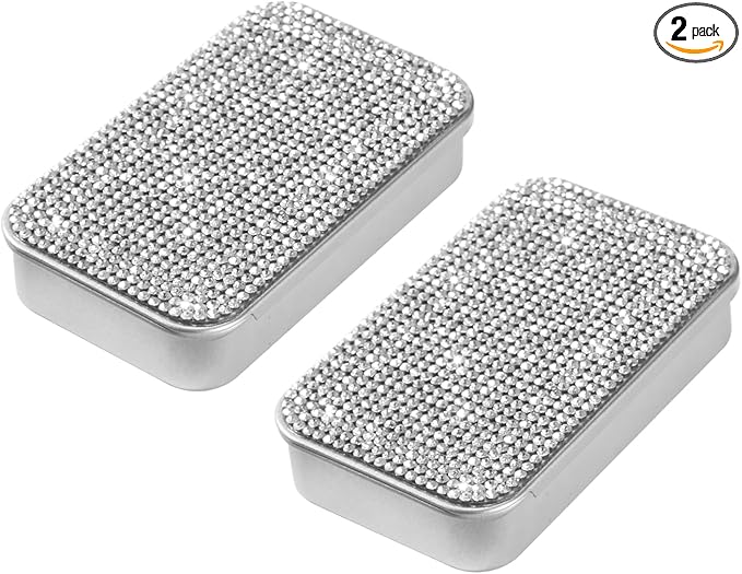 2Pcs Bling Dental Floss Holder,Portable & Refillable Floss Pick Holders, Metal Tin Box Case for Q-tip,Cotton Swab(Silver)