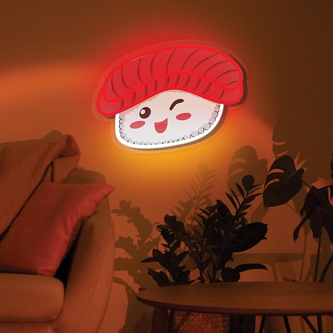 Sushi NEON Wall Sign, Cute Food LED Light, Wall Decor, Perfect for Holiday and Birthday Gift, Party Decor, Red White Sushi with Face for Kids Room, Bar, Restaurant
