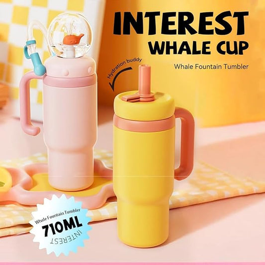 Drinking Cup With Whale Squirt, 24oz Whale Water Bottle with Handle, Insulated Stainless Steel Whale Water Cups With Two Silicone Soft Tip, Leak-Proof Whale Fountain Bottle for Kids Teens (Pink)