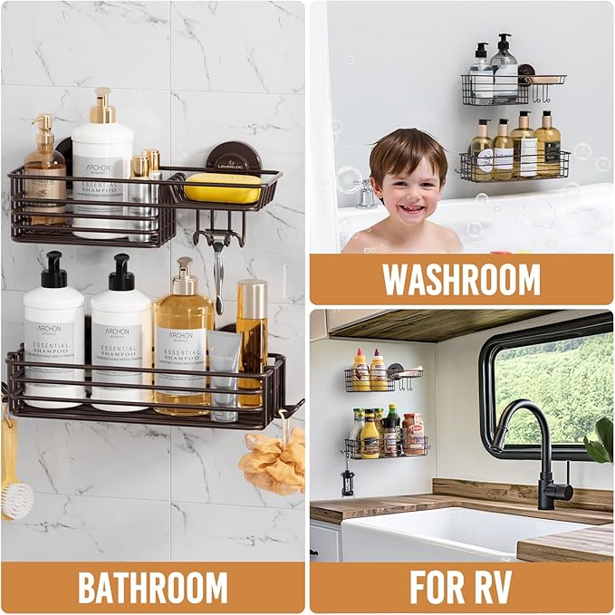 LEVERLOC Shower Caddy Suction Cup, 2 Pack Shelves for Inside with Hooks and Soap Holder, NO-Drilling Bathroom Holder, Rustproof Meatl Bathroom Organizer, Brown