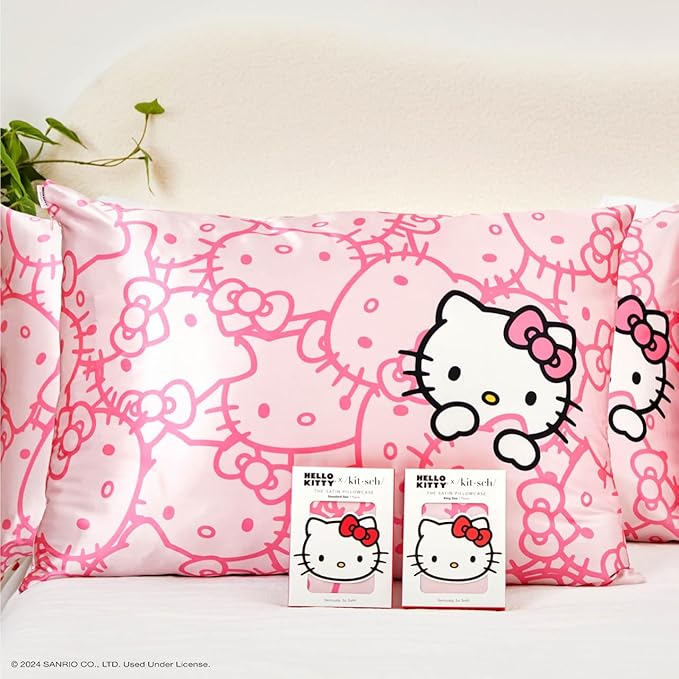 Kitsch x Hello Kitty (Pink Kitty Faces) - Satin Pillowcase with Zipper for Hair and Skin, Softer Than Silk Pillow Case, Cooling Pillow Cover, Machine Washable, Queen/Standard (19x26)