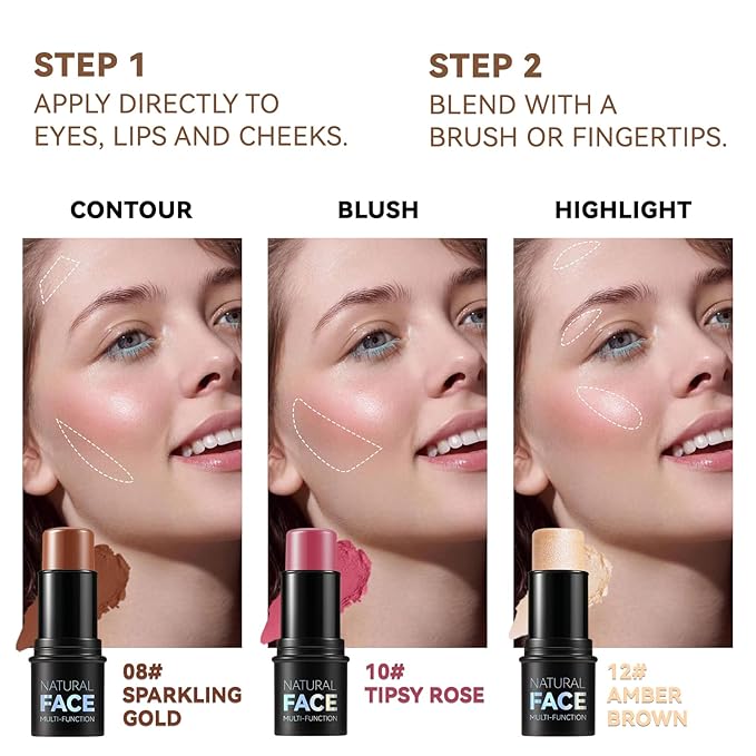 3-in-1 Cream Contour Stick Set - Blush, Bronzer & Highlighter - Long Lasting, Waterproof - Matte & Dewy Finish - Light Fair (8+10+12) for Women