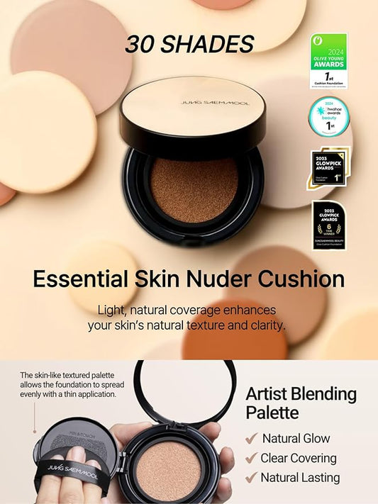 JUNG SAEM MOOL Essential Skin Nuder Cushion 28N Camel 0.49 Fl Oz, No Refill, Natural Radiant Finish Cushion Foundation with Buildable Coverage, Lightweight Texture, Korean Foundation Makeup
