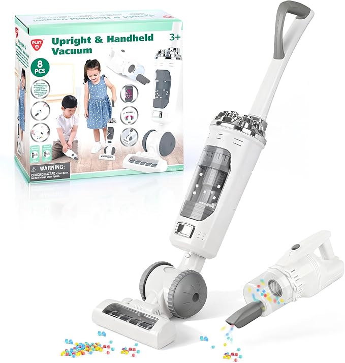 Kids Vacuum Cleaner Toy Set for Toddlers - 2PCS Toy Vacuum Sets for Toddlers 3+ Toddler Vacuum Toy That Works with Sound Effects, Baby Play Vacuum Pretend Role Play Household Housekeeping (White)