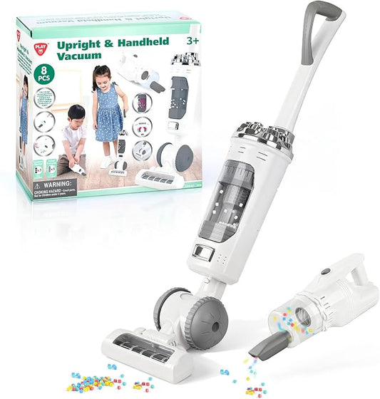 Kids Vacuum Cleaner Toy Set for Toddlers - 2PCS Toy Vacuum Sets for Toddlers 3+ Toddler Vacuum Toy That Works with Sound Effects, Baby Play Vacuum Pretend Role Play Household Housekeeping (White)