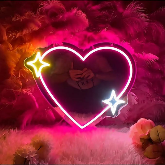 LED Mirror Neon Lights Light Up Dressing Mirror Cat/Shine Heart/Bat/Butterfly Shape Neon Mirror Sign for Modern Home Girl Room Bathroom Salon Wall Art Decor Gift For Girlfriend USB Powered