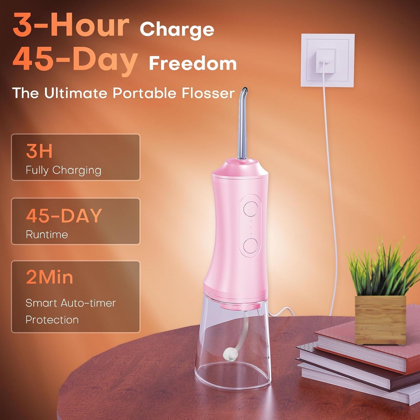 Water Dental Flosser - Portable Cordless Oral Irrigator 300ML, Rechargeable IPX7 Waterproof Irrigation Cleaner for Teeth Cleaning & Flossing, Travel & Home Use (Pink)