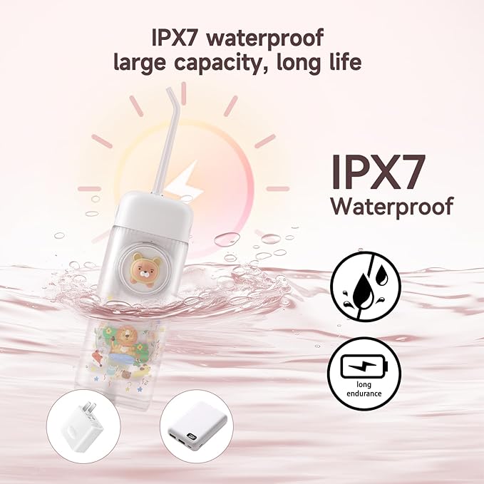 Kids Water Flosser,3 Modes Cordless Portable Water Teeth Cleaner,4 Replaceable Nozzles,IPX7 Waterproof Oral Irrigator Rechargeable,Professional Flossing Cleaning Picks for Home Travel (White)