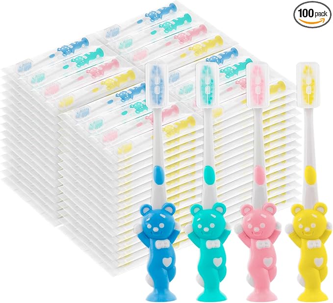 Toothbrushes for Kids In Bulk, Individually Wrapped Disposable Toothbrush Cute Manual Soft Bristles Children Toothbrush With Cover Suction Cup Toddler Toiletries Set for Home/School/Travel (100 Pack)