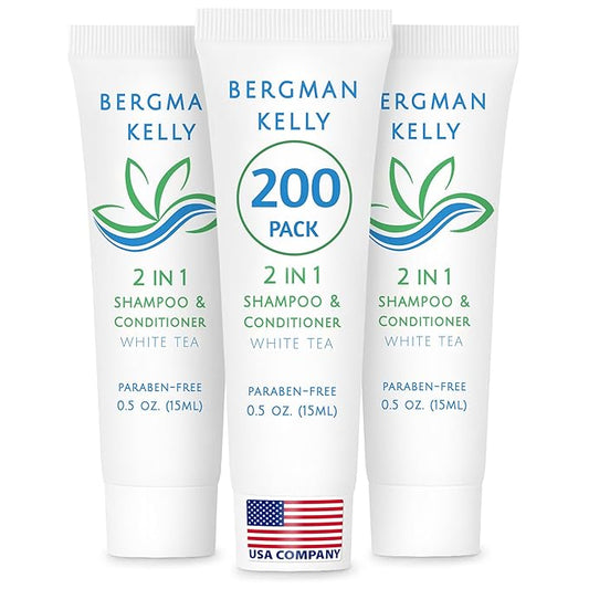 Bergman Kelly - Hotel 2 in 1 Shampoo and Conditioner - 0.5 fl oz, 200 PK, White Tea - Delight Your Guests with Revitalizing and Refreshing Travel Size Shampoo - Quality Mini Hotel Toiletries in Bulk