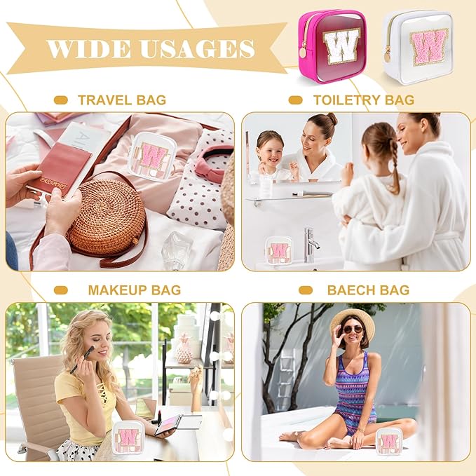 Personalized Initial Letter Clear Preppy Makeup Bag,Mini Nylon Chenille Letter Cosmetic Bag Cute Zipper Pouch Purse for Teen Girls,Portable TSA Approved Beach Travel Essentials Bag Gift for Women,W