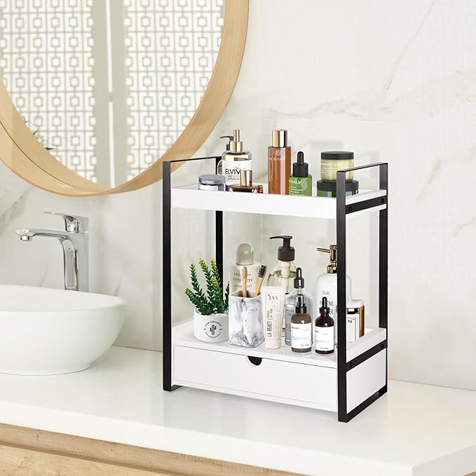 2-Tier Bathroom Organizer Countertop with Drawer, Wood Counter Shelf for Storage, Vanity Tray for Bathroom Organization and Decor, Countertop Organizer for Kitchen, Office (White)