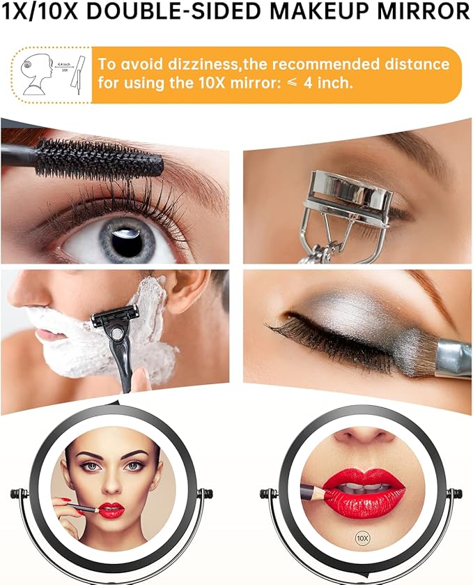 Gospire 7" Lighted Makeup Mirror with Magnification 10X/1X Double Sided, Round Magnifying LED Vanity Standing Cosmetic Shaving Mirror with Battery Operated, Cordless Portable for Bathroom Bedroom