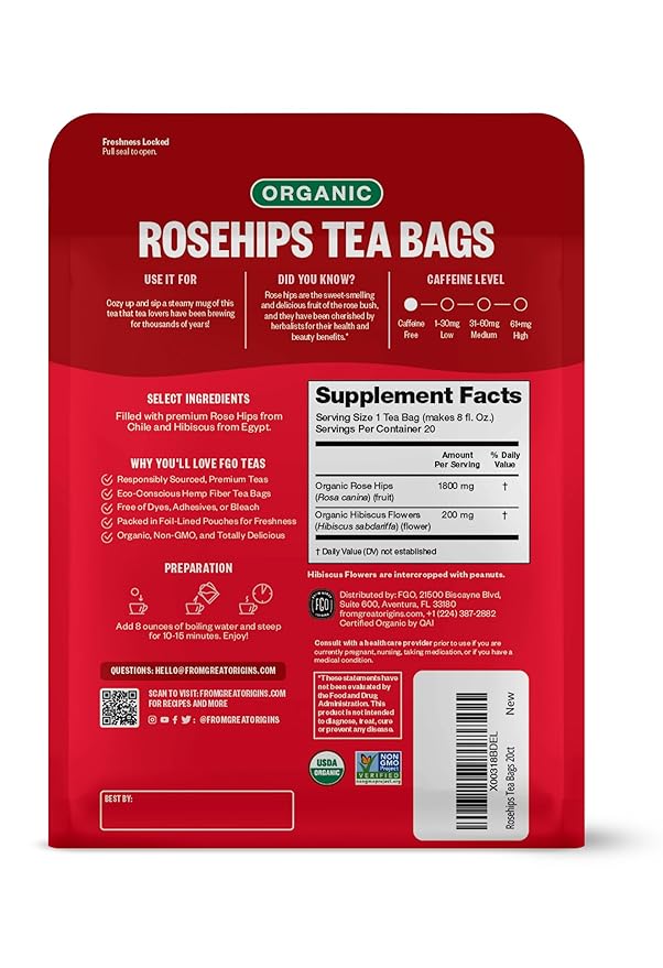 FGO Organic Rosehips Tea, 20 Count, Eco-Conscious Herbal Tea Bags, Resealable Bag, Caffeine Free, Packaging May Vary (Pack of 1)