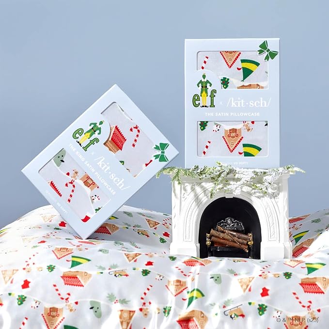 Kitsch x Elf Periwinkle Christmas Satin Pillowcase, Softer Than Silk Pillow Cases King, Cooling Pillow Covers, Satin Pillowcase with Zipper for Hair, Skin & Quality Sleep, Wrinkle-Free, Smooth, 19x36