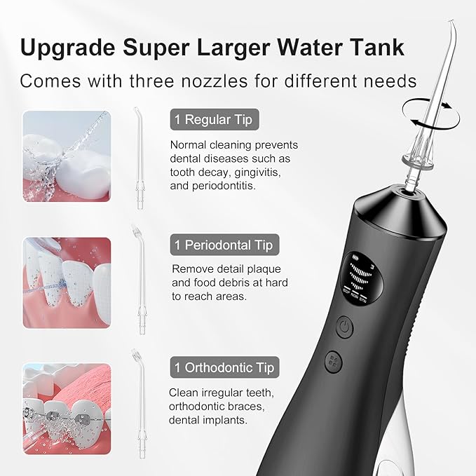 Water Dental Flosser for Teeth, Portable Cordless Water Flosser with 300ML Rechargeable with Type-C, IPX7 Waterproof Water Flossers for Adults with 3 Intensity Modes and 3 Flossing Tips