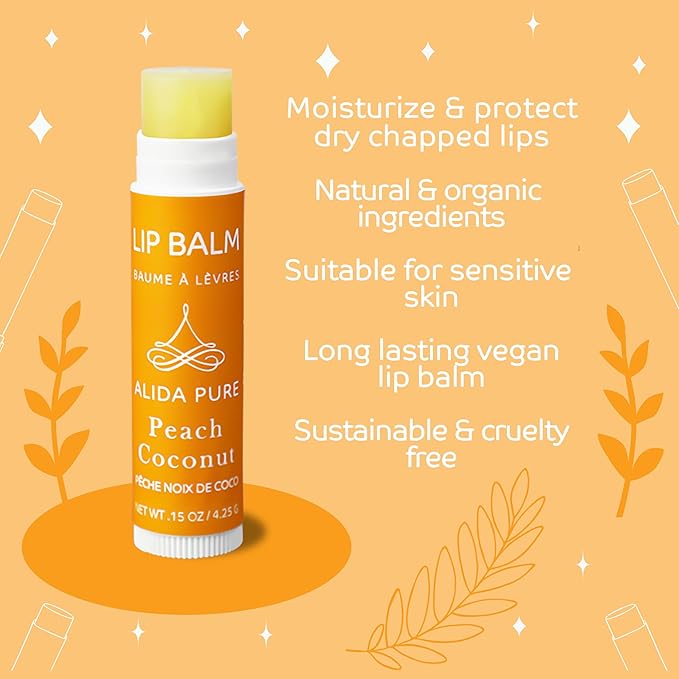 Peach Coconut Lip Balm Collection, Vegan Set, Lip Balm, Beeswax Free, with Organic Jojoba And Avocado Oil, Vitamin E, Natural Moisturizer for Dry, Chapped Lips, 3 Tube Set