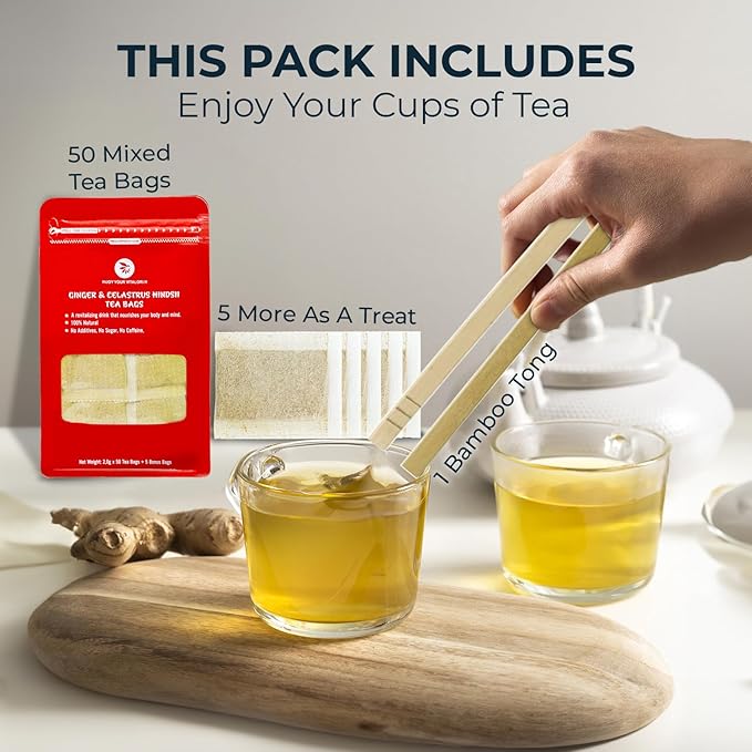 Pure Ginger Tea Bags with Celastrus Hindsii - 55 Count (+5 Tea Bags) - 5.15 oz, Re-Steep Herbal Tea Blend, Corn Based Bags, Bamboo Tong Include, No Sugar Added, Natural Ginger Tea